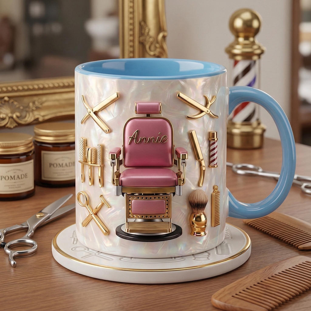 Hairstylist Barber Chair Mug 3D, Personalized Beauty Salon Gift, Faux 3D Effect Mug