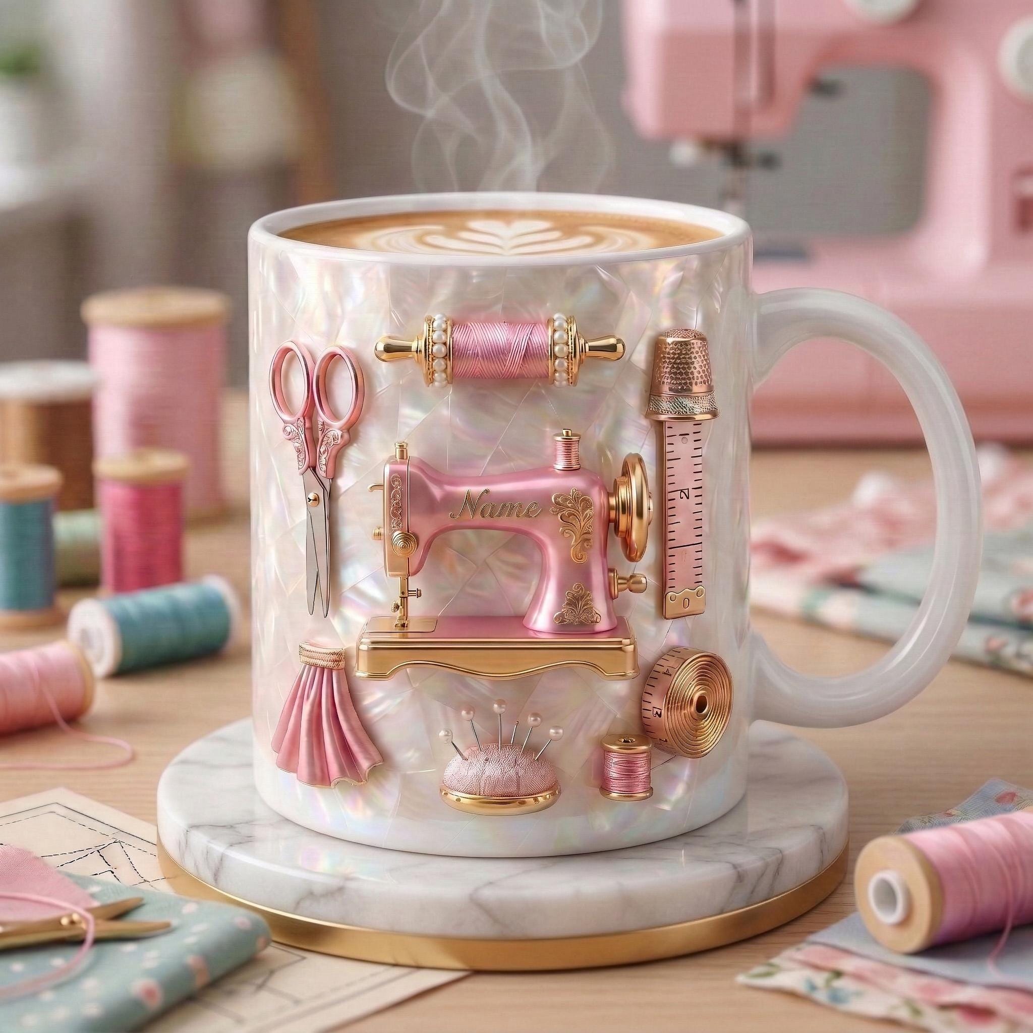 Sewing Mug 3D, Faux 3D Effect Mug, Sewing Craft Coffee Mug, Custom Name Gift