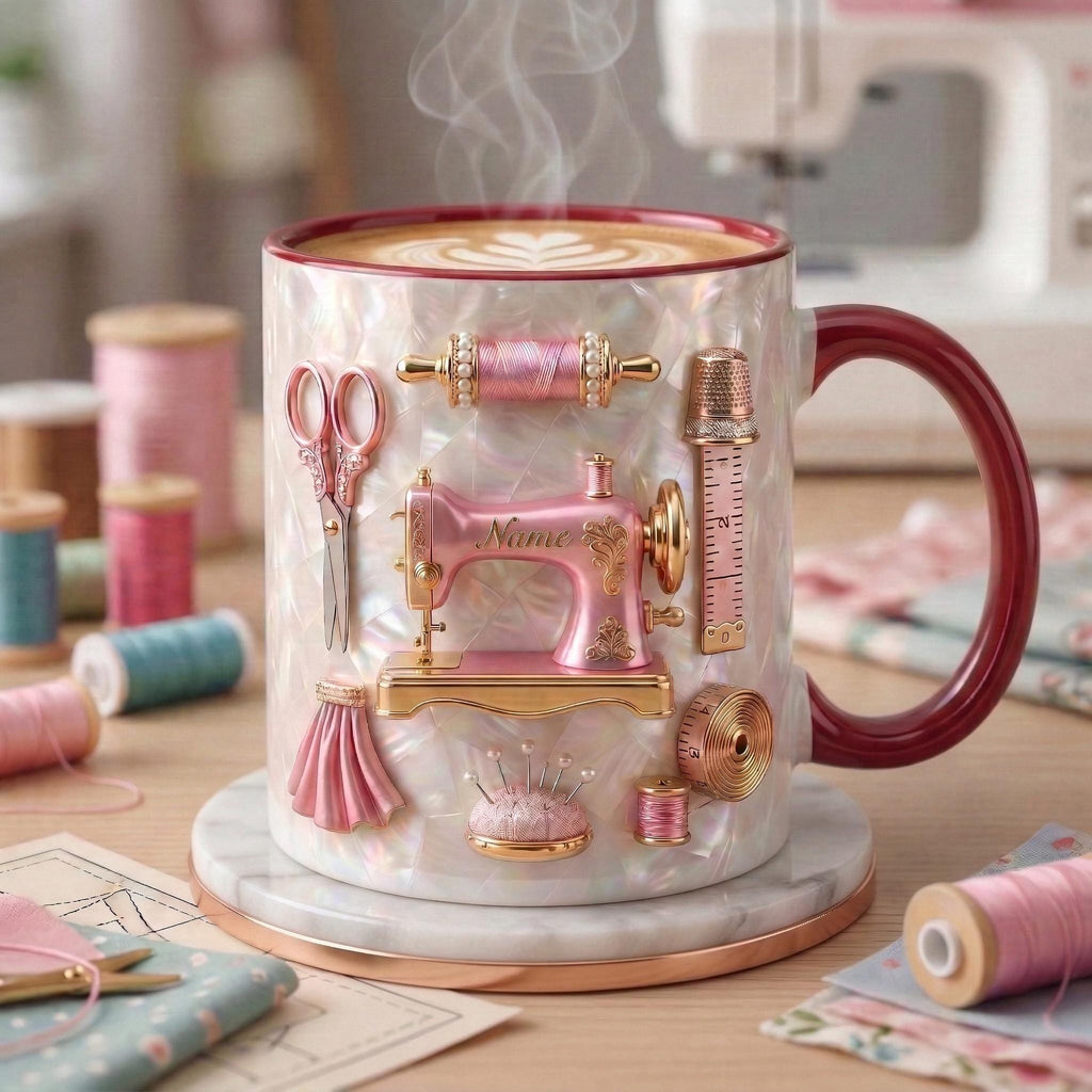 Sewing Mug 3D, Faux 3D Effect Mug, Sewing Craft Coffee Mug, Custom Name Gift
