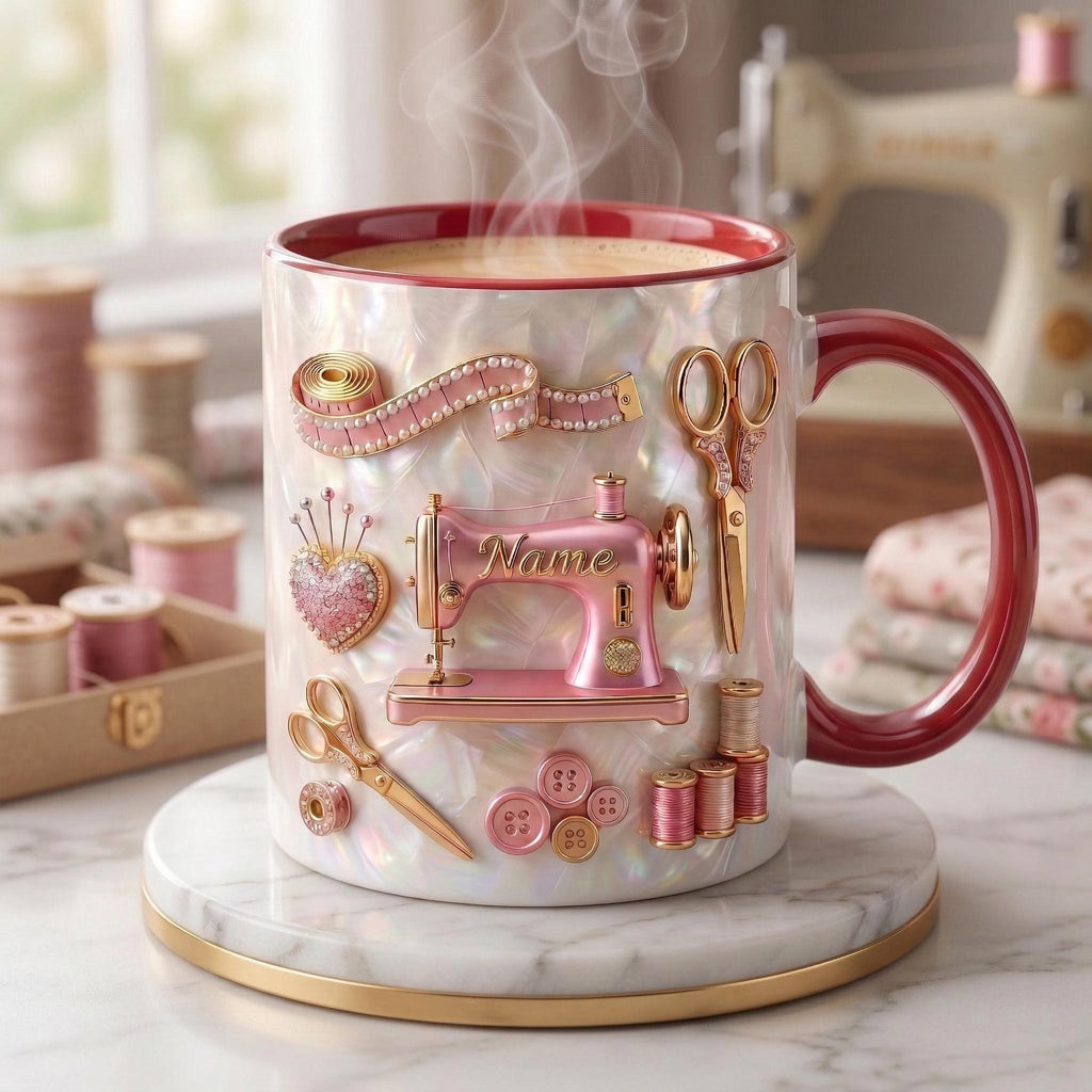 Sewing Mug 3D, Faux 3D Effect Mug, Sewing Artist Coffee Cup, Personalized Gift for Sewer
