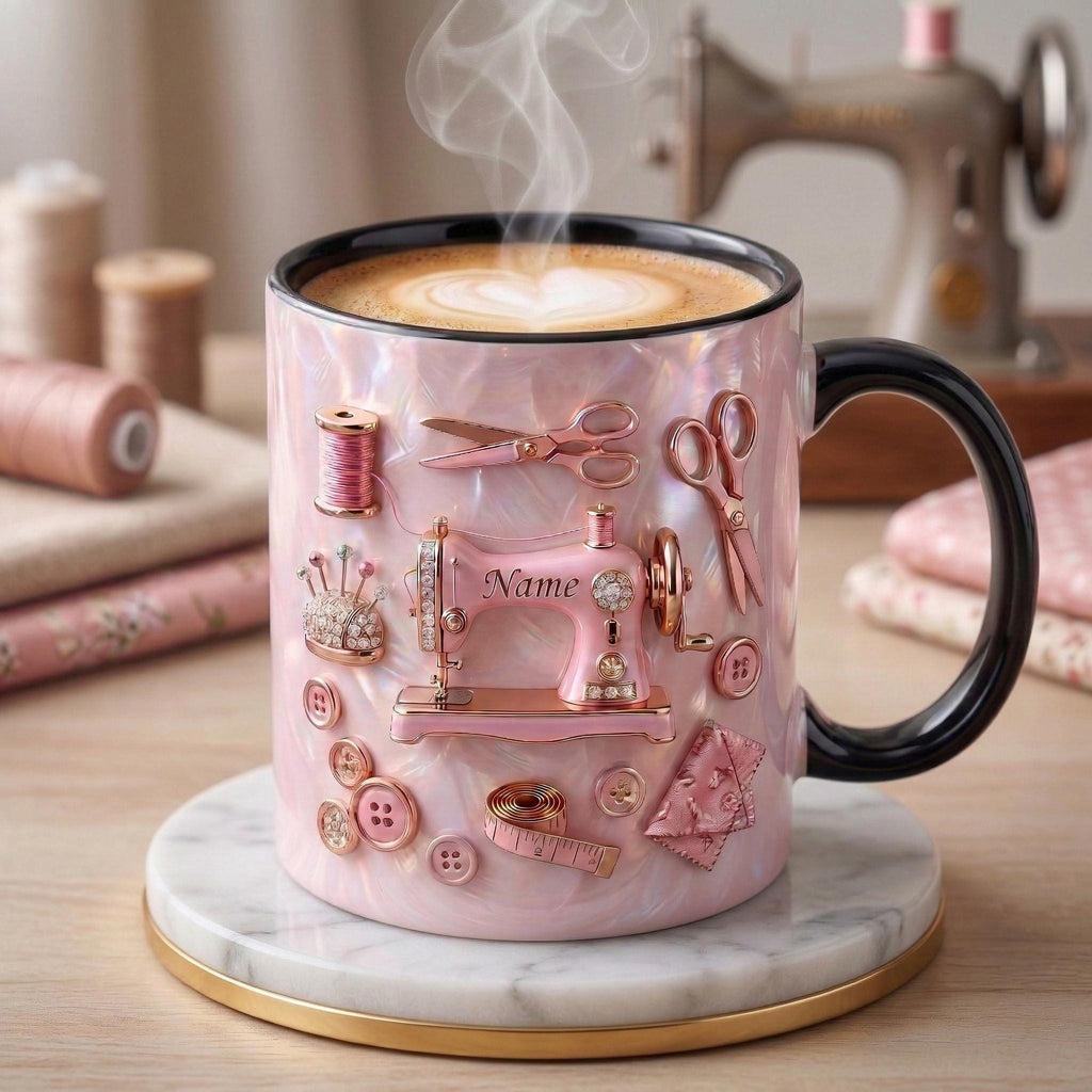 Sewing Mug 3D, Sewing Hobby Coffee Mug, Faux 3D Effect Mug, Personalized Craft Gift