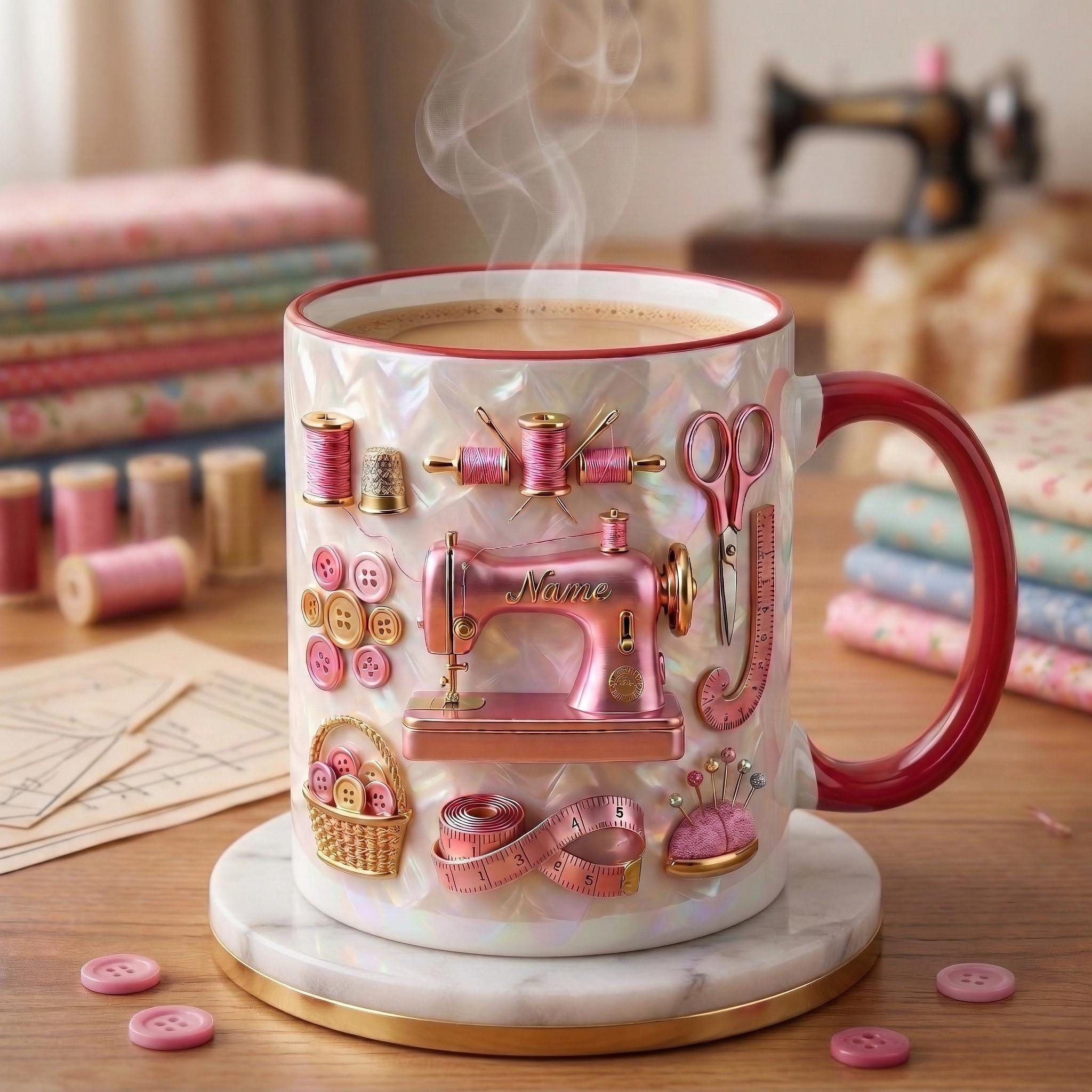 Sewing Mug 3D, Faux 3D Effect Mug, Seamstress Coffee Cup, Custom Name Sewing Gift