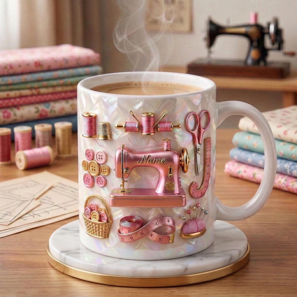 Sewing Mug 3D, Faux 3D Effect Mug, Seamstress Coffee Cup, Custom Name Sewing Gift