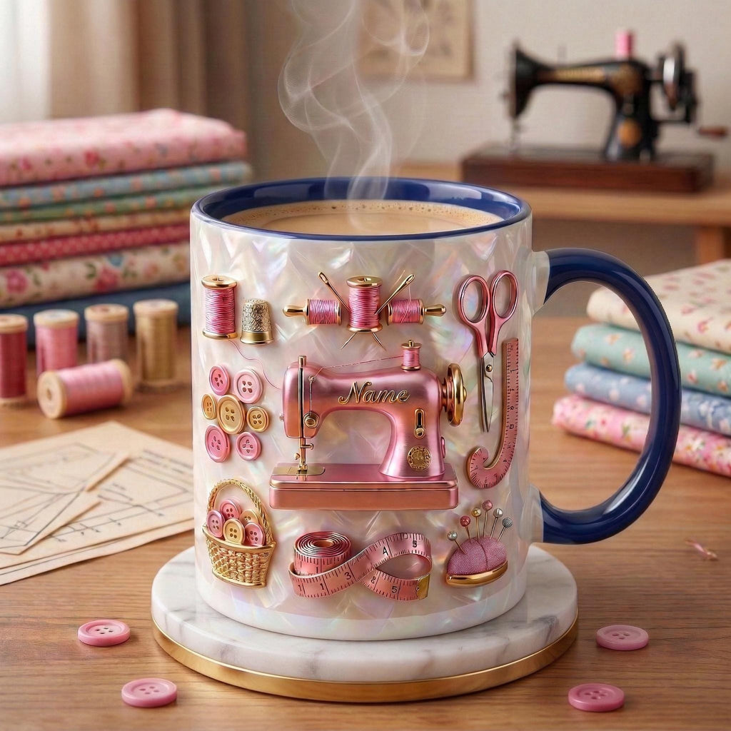 Sewing Mug 3D, Faux 3D Effect Mug, Seamstress Coffee Cup, Custom Name Sewing Gift
