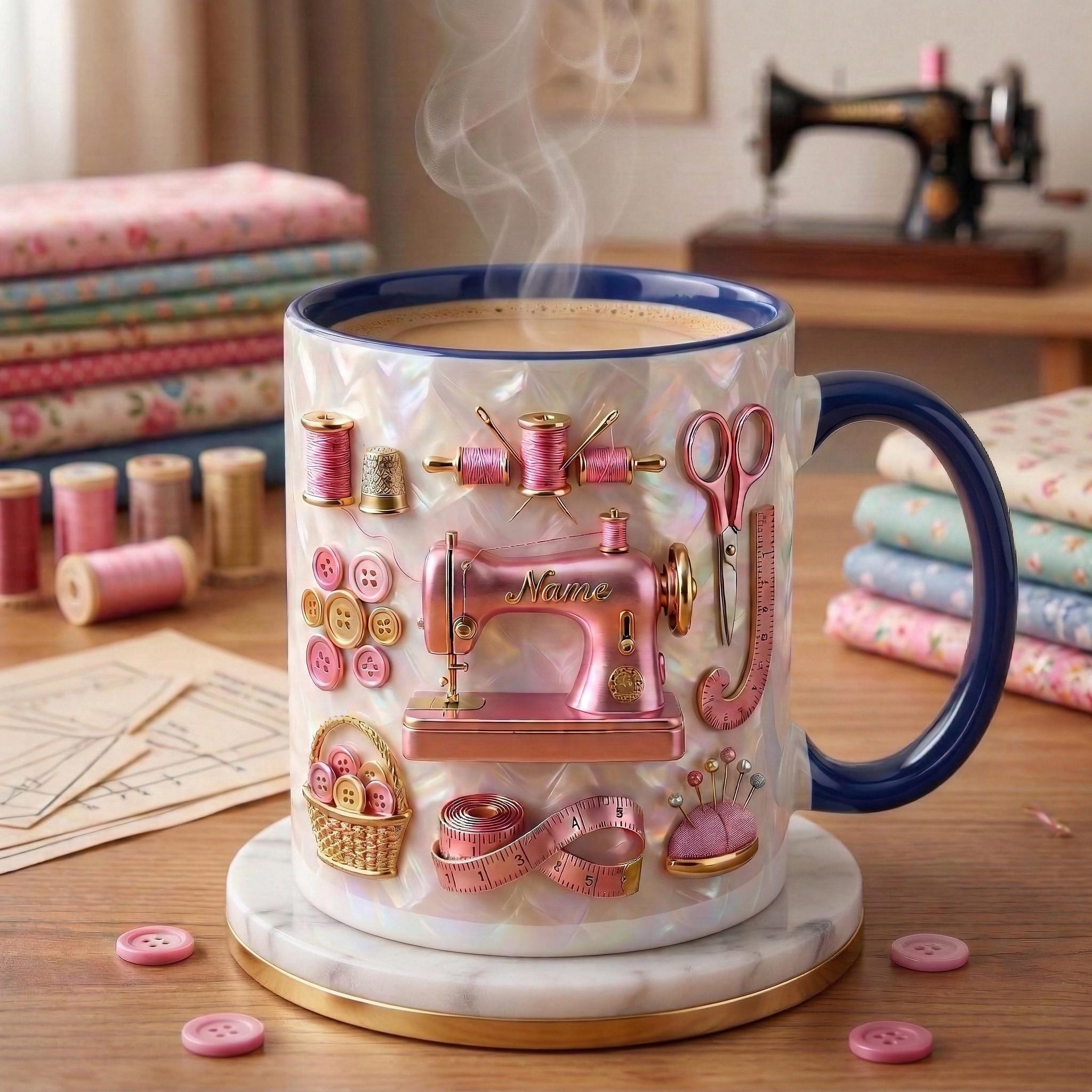 Sewing Mug 3D, Faux 3D Effect Mug, Seamstress Coffee Cup, Custom Name Sewing Gift