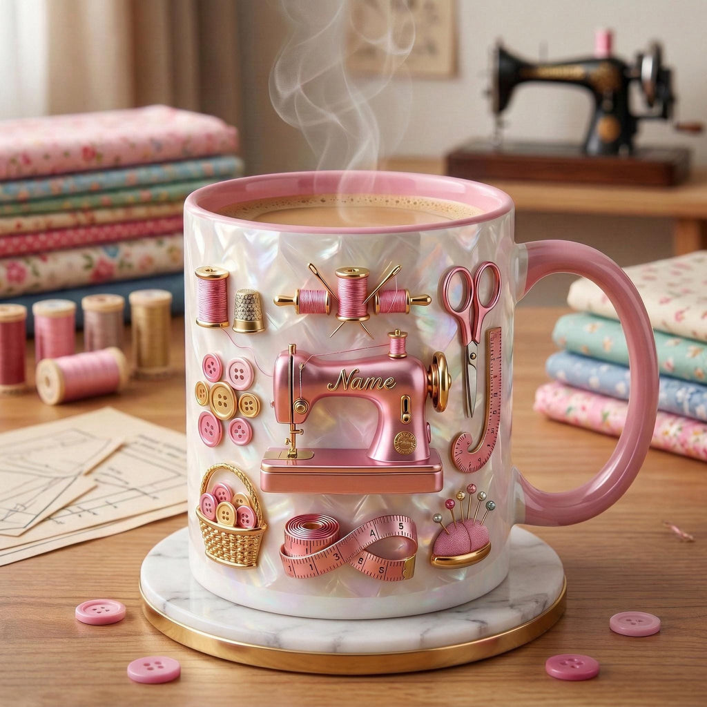 Sewing Mug 3D, Faux 3D Effect Mug, Seamstress Coffee Cup, Custom Name Sewing Gift