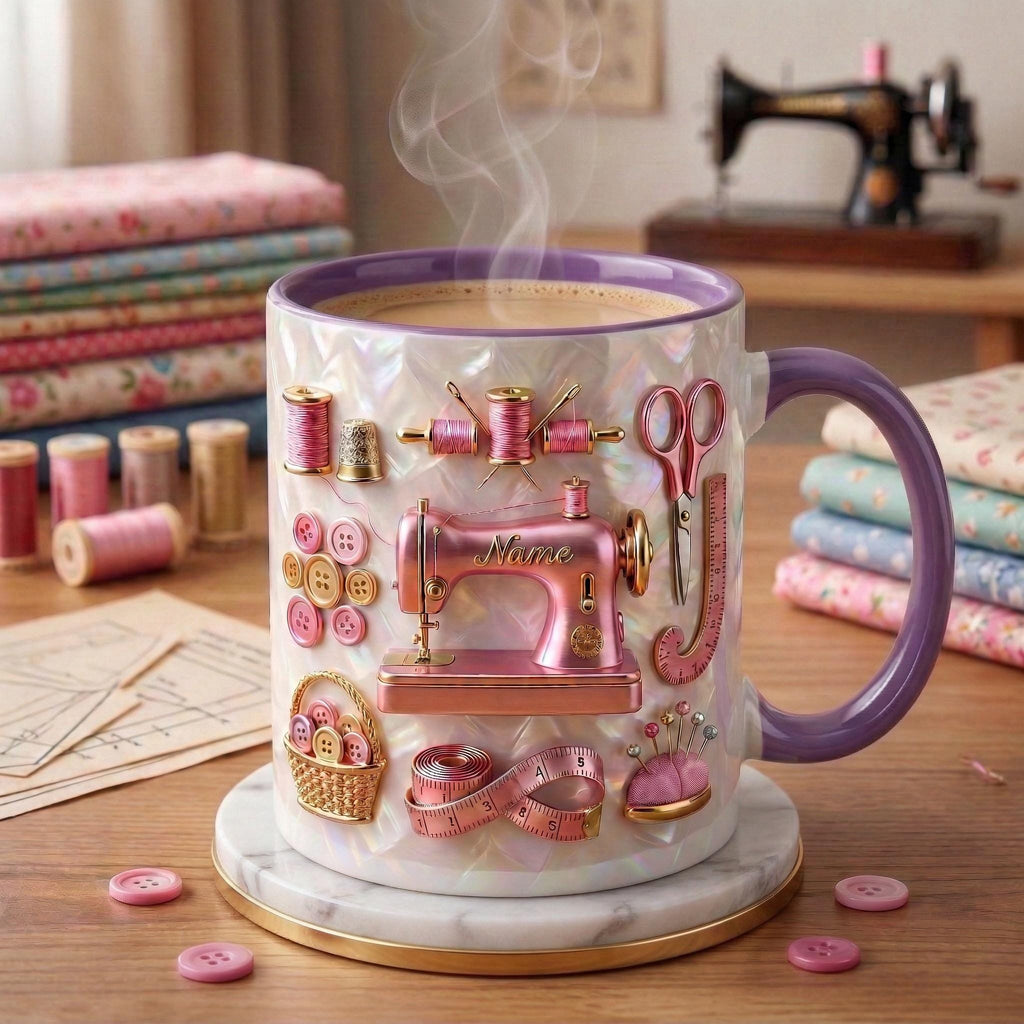 Sewing Mug 3D, Faux 3D Effect Mug, Seamstress Coffee Cup, Custom Name Sewing Gift