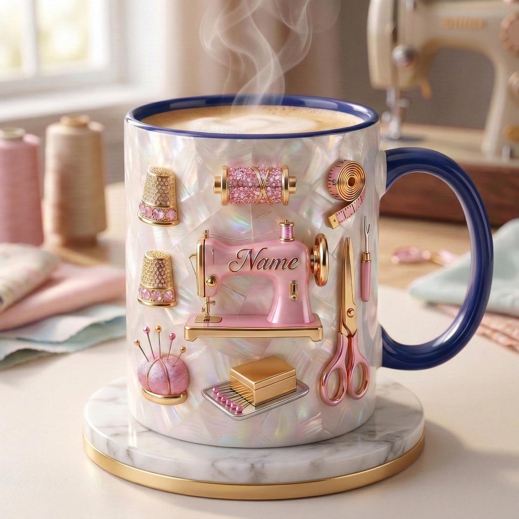Sewing Mug 3D, Sewing Lover Coffee Mug, Personalized Tailor Gift, Faux 3D Effect Mug