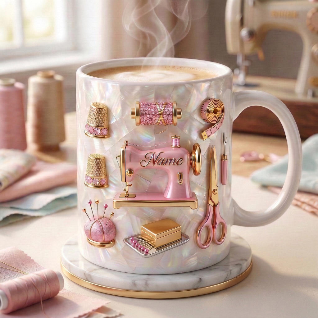 Sewing Mug 3D, Sewing Lover Coffee Mug, Personalized Tailor Gift, Faux 3D Effect Mug