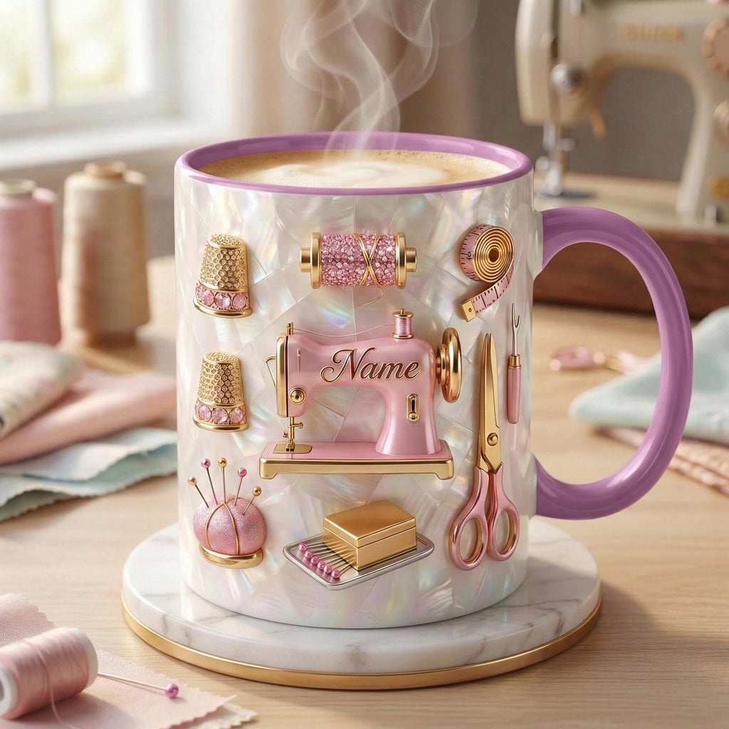 Sewing Mug 3D, Sewing Lover Coffee Mug, Personalized Tailor Gift, Faux 3D Effect Mug