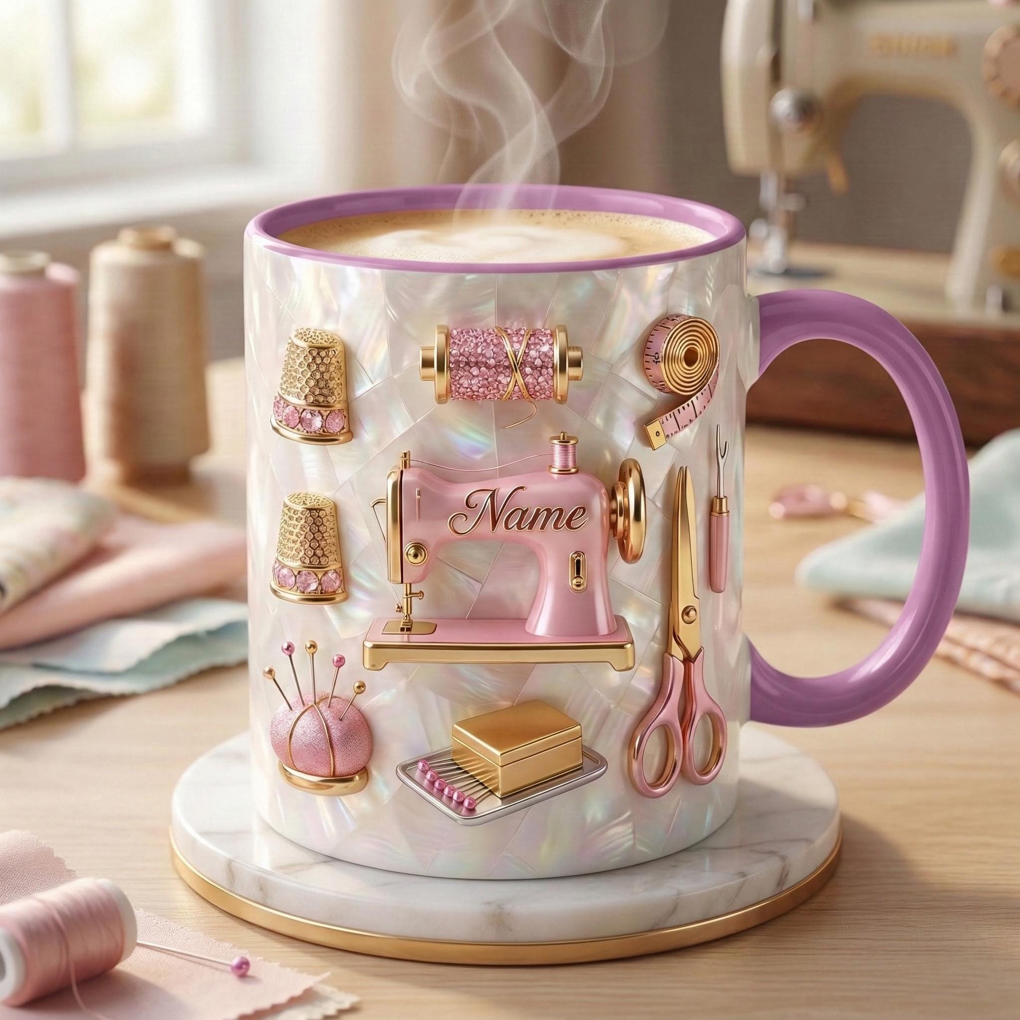 Sewing Mug 3D, Sewing Lover Coffee Mug, Personalized Tailor Gift, Faux 3D Effect Mug