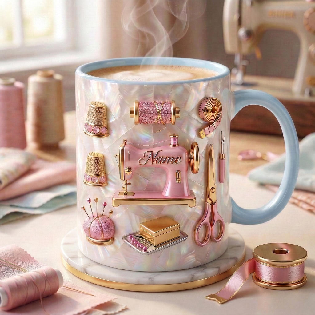 Sewing Mug 3D, Sewing Lover Coffee Mug, Personalized Tailor Gift, Faux 3D Effect Mug