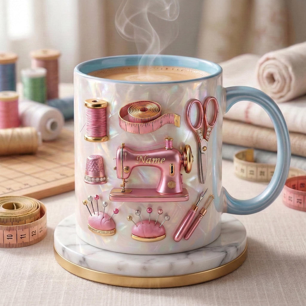 Sewing Mug 3D, Custom Name Sewing Coffee Cup, Gift for Seamstress, Faux 3D Effect Mug