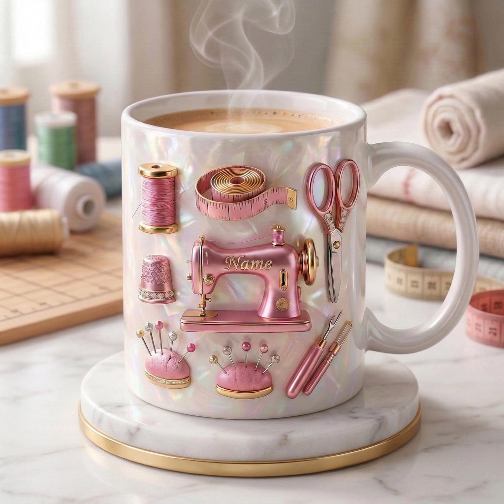 Sewing Mug 3D, Custom Name Sewing Coffee Cup, Gift for Seamstress, Faux 3D Effect Mug