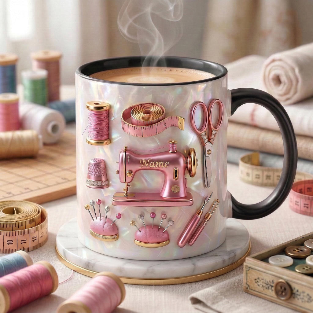 Sewing Mug 3D, Custom Name Sewing Coffee Cup, Gift for Seamstress, Faux 3D Effect Mug