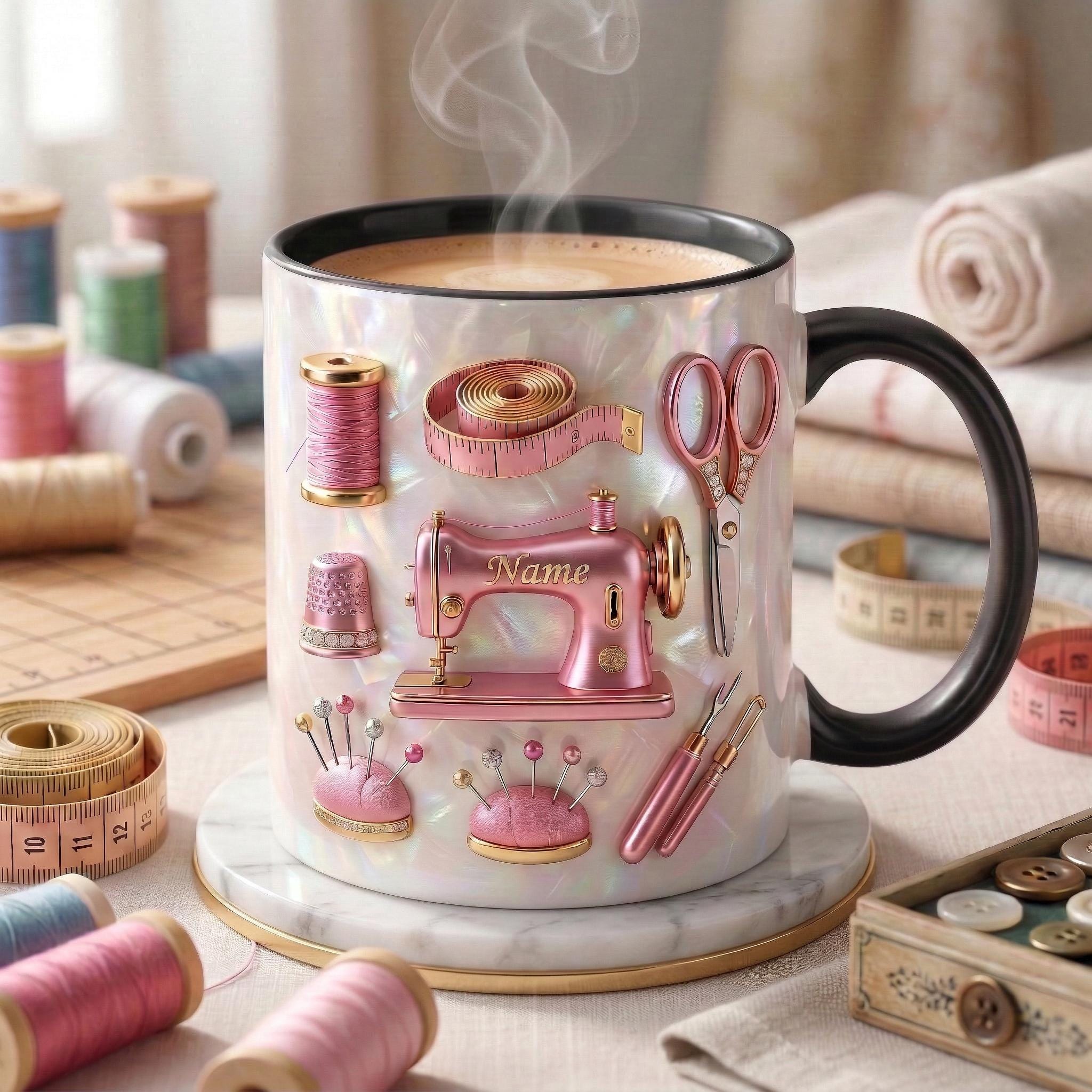 Sewing Mug 3D, Custom Name Sewing Coffee Cup, Gift for Seamstress, Faux 3D Effect Mug