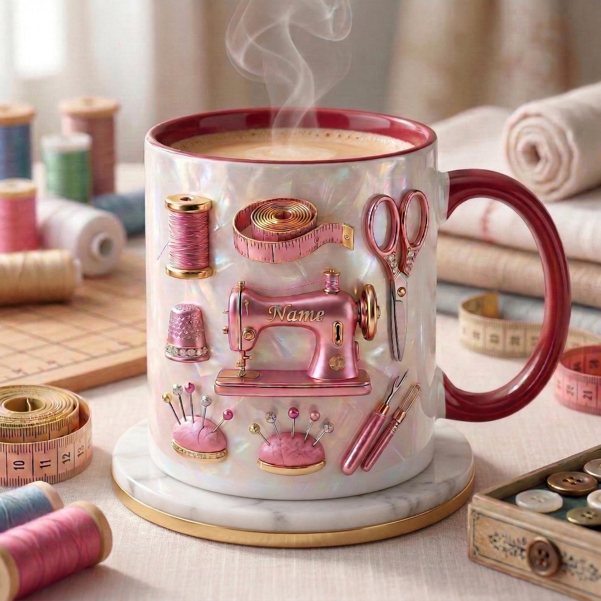 Sewing Mug 3D, Custom Name Sewing Coffee Cup, Gift for Seamstress, Faux 3D Effect Mug