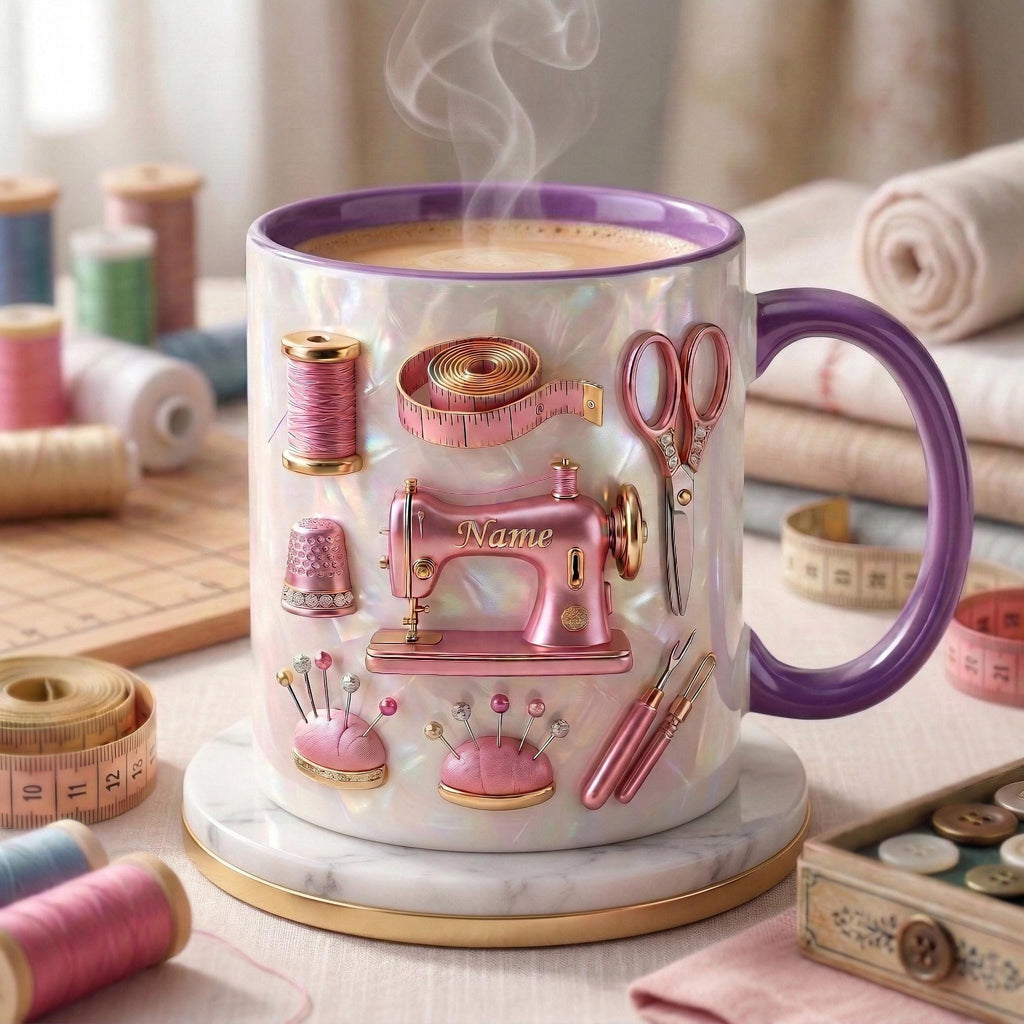 Sewing Mug 3D, Custom Name Sewing Coffee Cup, Gift for Seamstress, Faux 3D Effect Mug