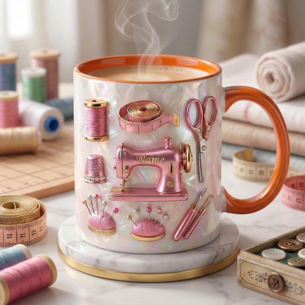 Sewing Mug 3D, Custom Name Sewing Coffee Cup, Gift for Seamstress, Faux 3D Effect Mug