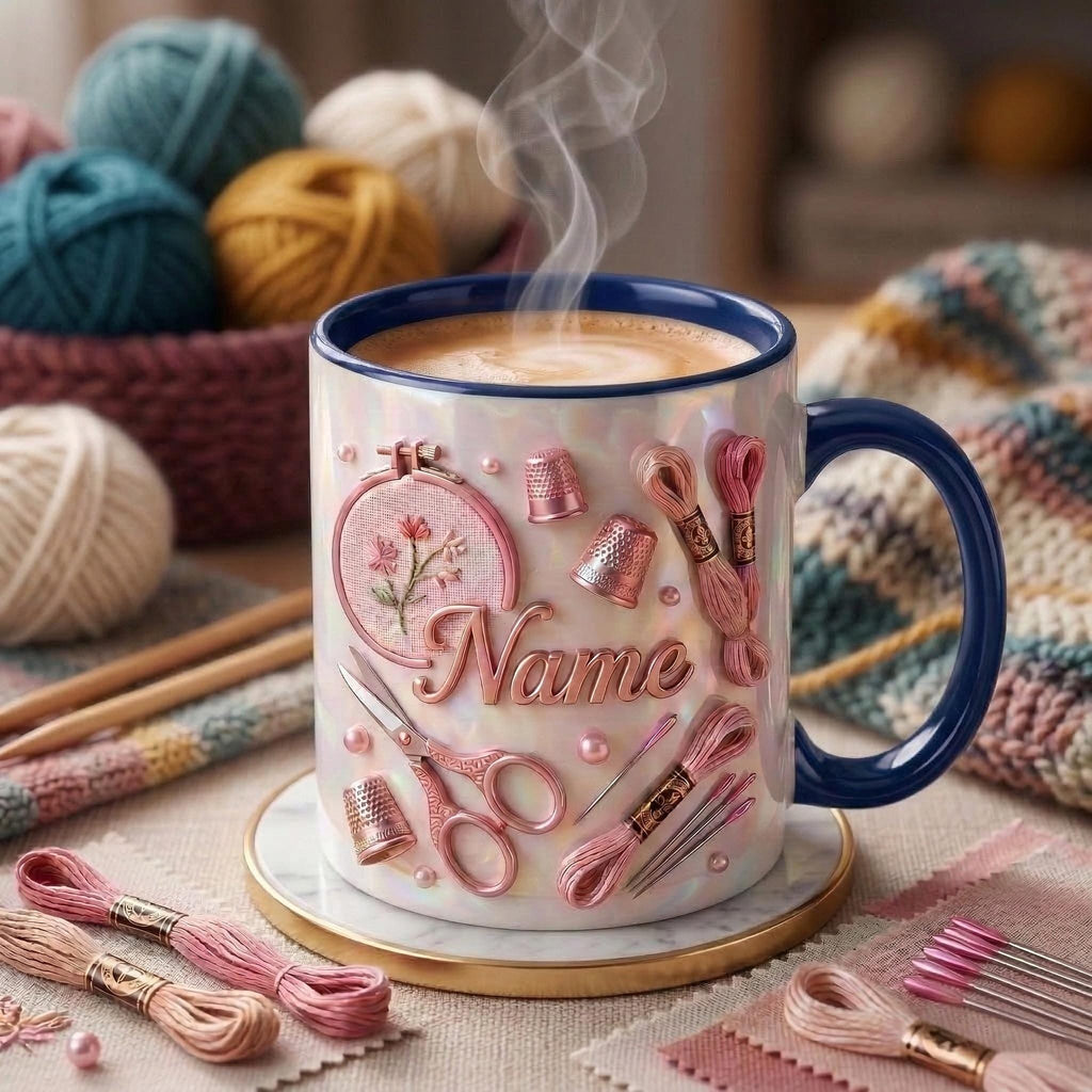 Knitting Mug 3D, Yarn Lover Mug, Personalized Knitting Coffee Cup, Faux 3D Effect Mug