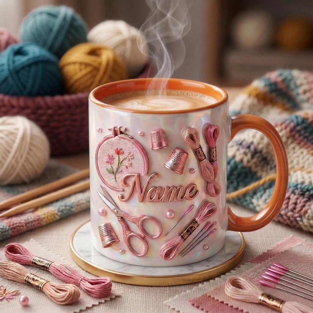Knitting Mug 3D, Yarn Lover Mug, Personalized Knitting Coffee Cup, Faux 3D Effect Mug