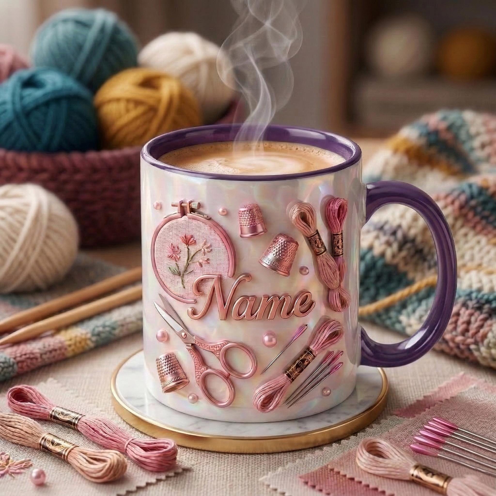 Knitting Mug 3D, Yarn Lover Mug, Personalized Knitting Coffee Cup, Faux 3D Effect Mug