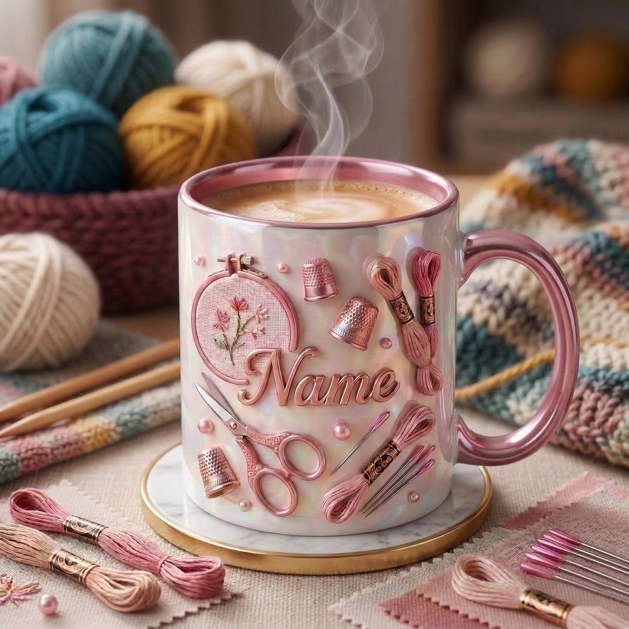 Knitting Mug 3D, Yarn Lover Mug, Personalized Knitting Coffee Cup, Faux 3D Effect Mug