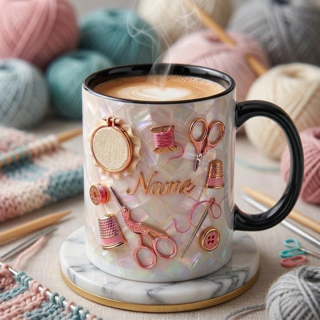 Knitting Mug 3D, Custom Name Knitting Mug, Gift for Knitter, Faux 3D Effect Mug