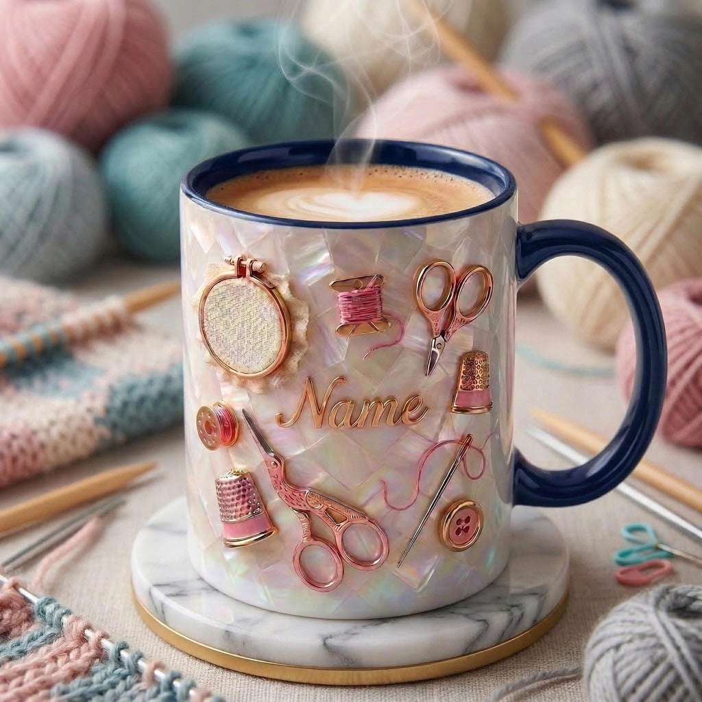 Knitting Mug 3D, Custom Name Knitting Mug, Gift for Knitter, Faux 3D Effect Mug