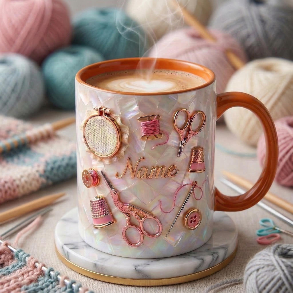 Knitting Mug 3D, Custom Name Knitting Mug, Gift for Knitter, Faux 3D Effect Mug