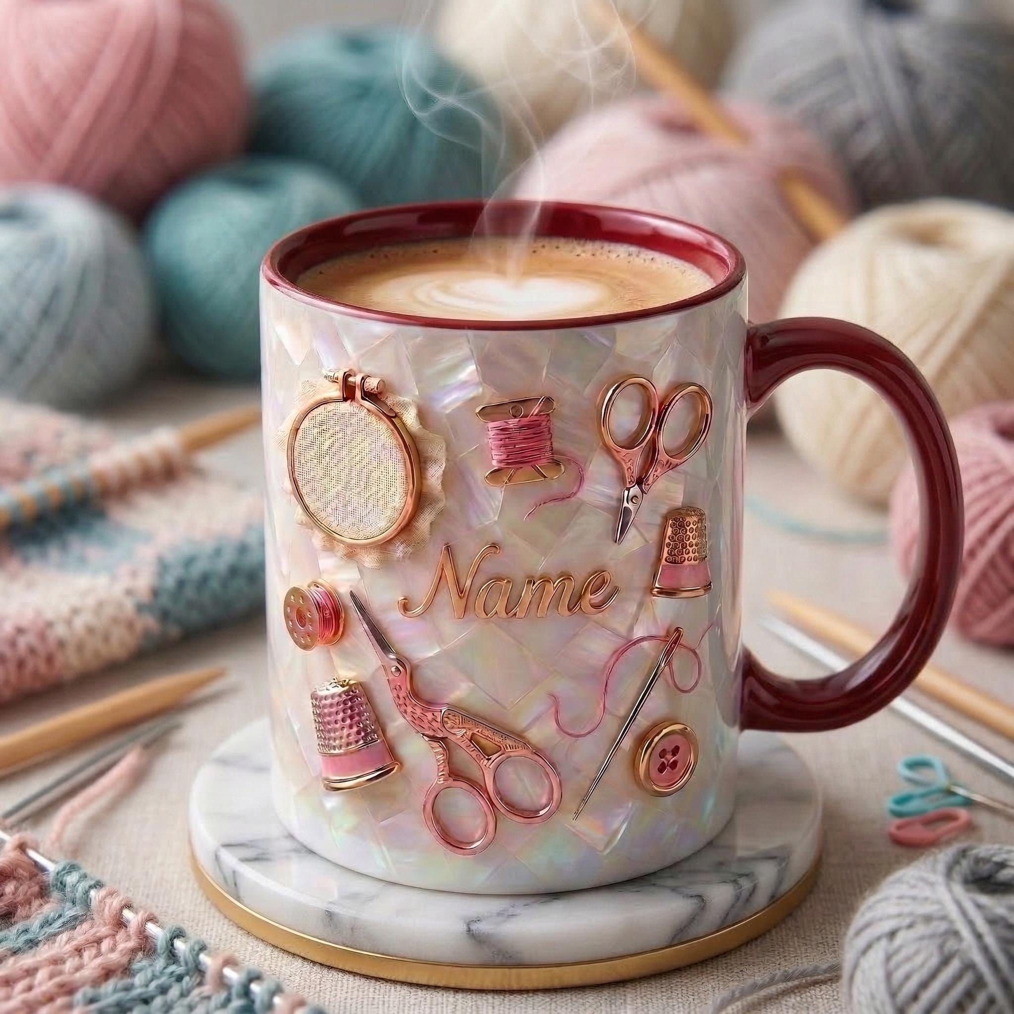 Knitting Mug 3D, Custom Name Knitting Mug, Gift for Knitter, Faux 3D Effect Mug