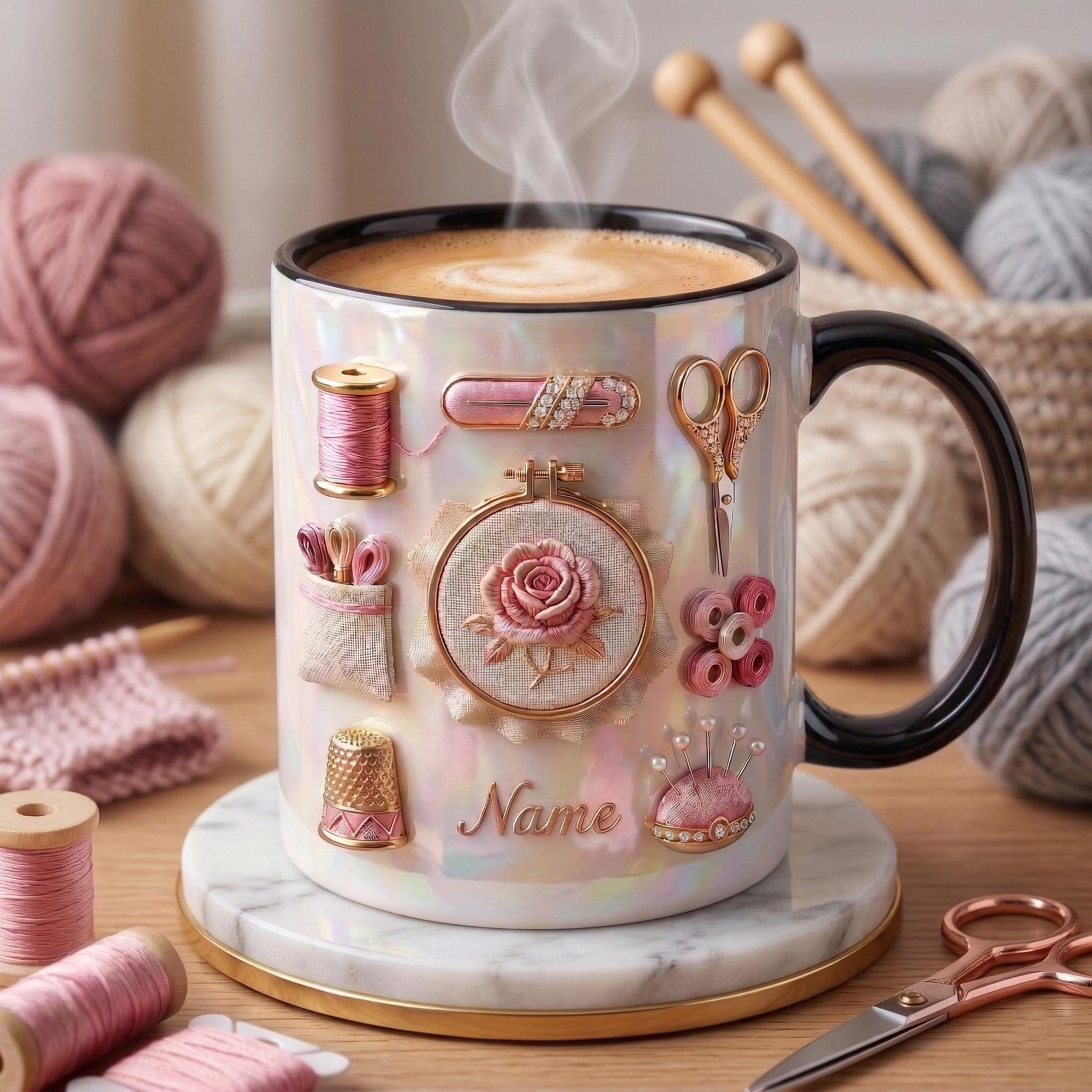 Knitting Mug 3D, Accent Mug, Knitting Hobby Coffee Cup, Faux 3D Effect Mug, Personalized Yarn Gift