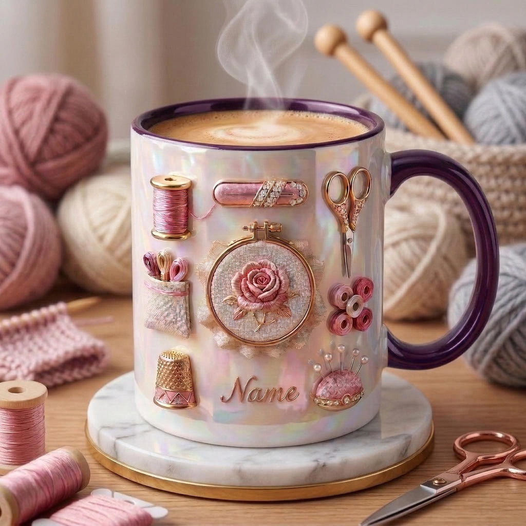 Knitting Mug 3D, Accent Mug, Knitting Hobby Coffee Cup, Faux 3D Effect Mug, Personalized Yarn Gift