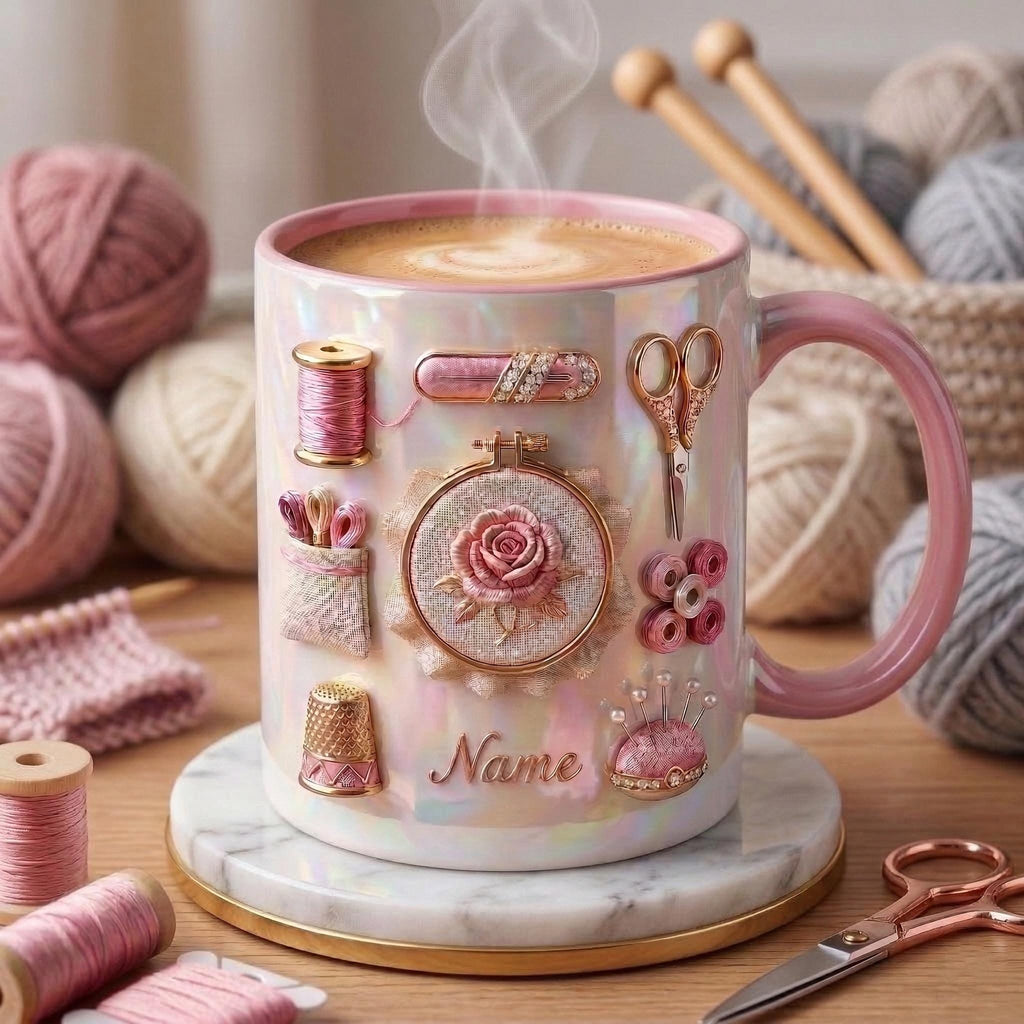 Knitting Mug 3D, Accent Mug, Knitting Hobby Coffee Cup, Faux 3D Effect Mug, Personalized Yarn Gift