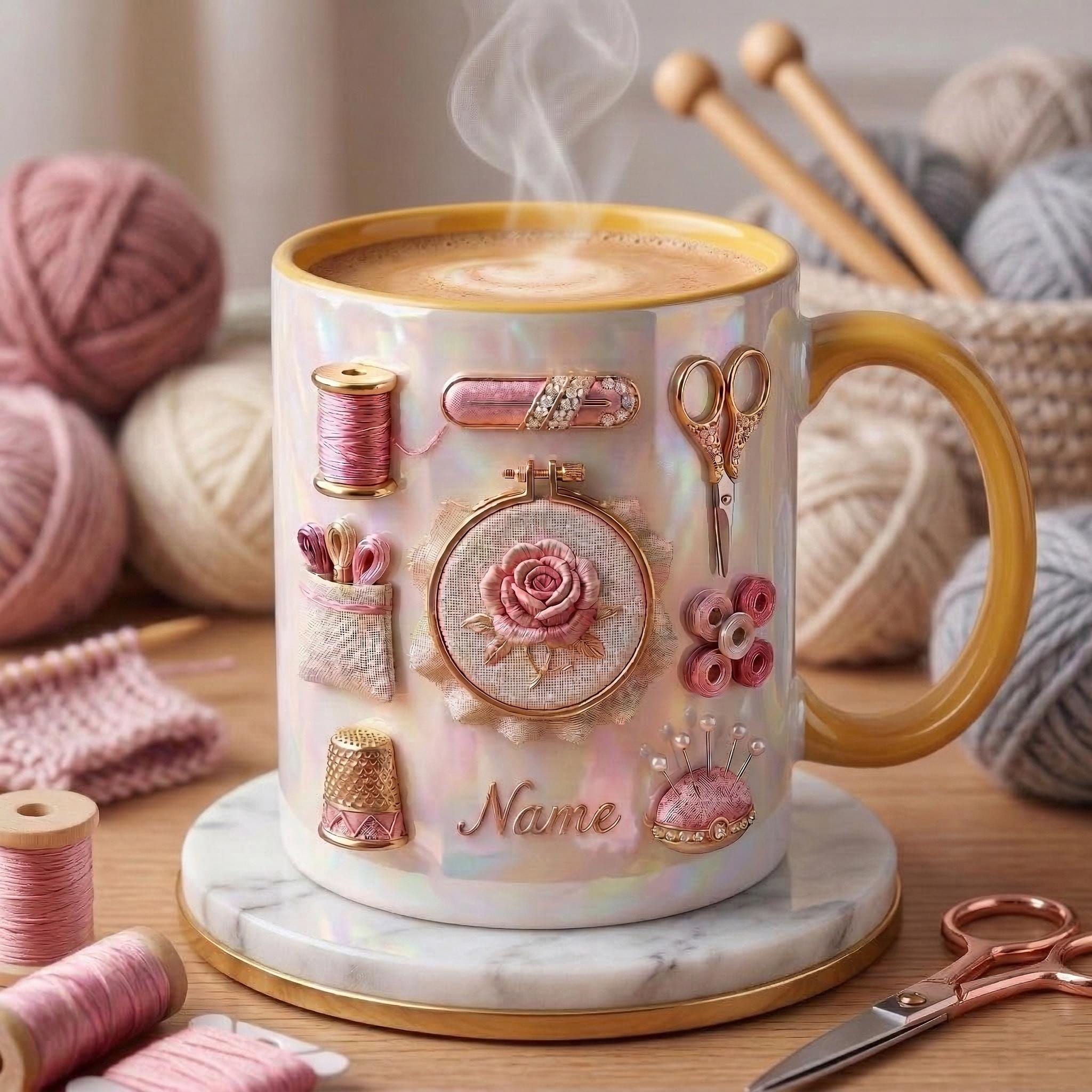 Knitting Mug 3D, Accent Mug, Knitting Hobby Coffee Cup, Faux 3D Effect Mug, Personalized Yarn Gift
