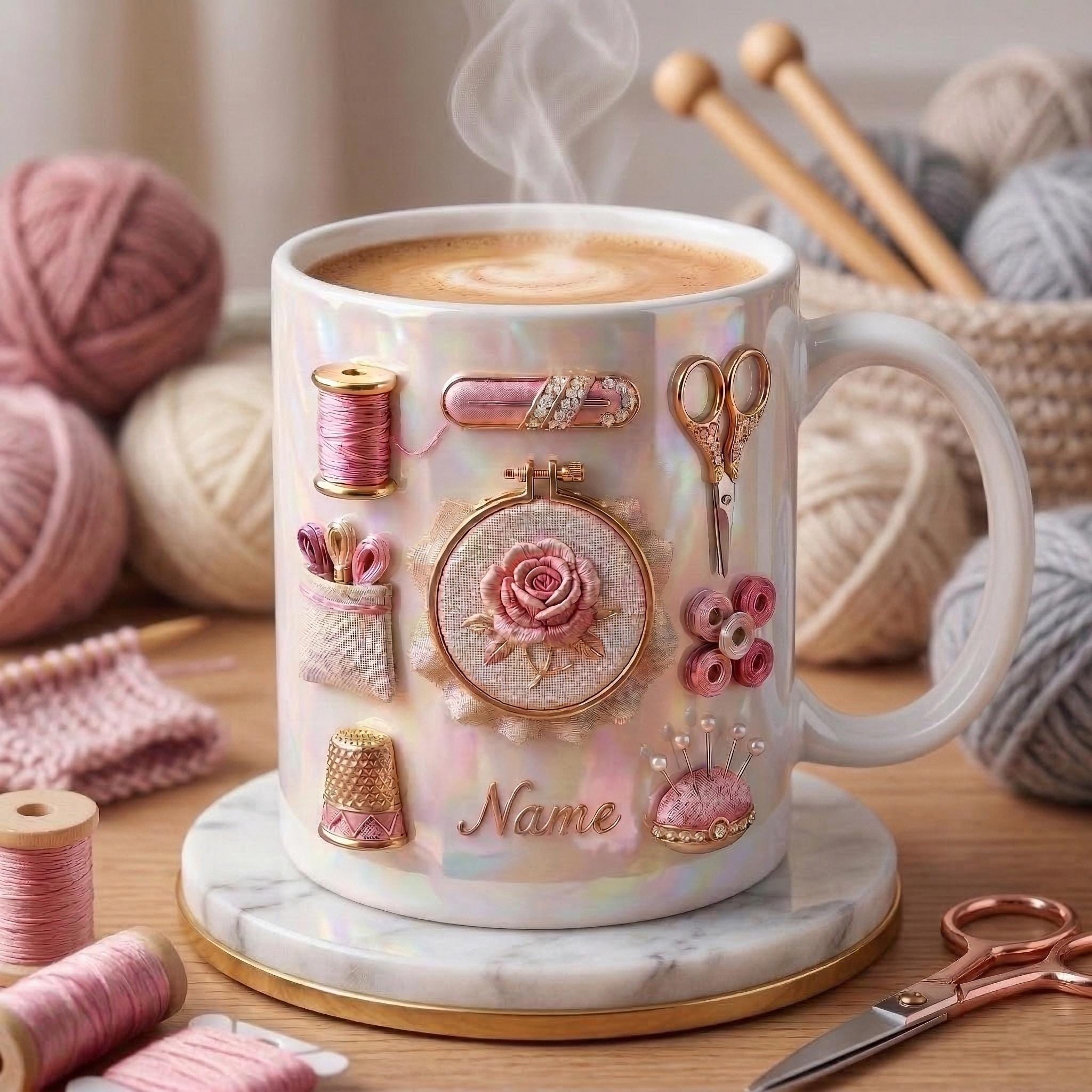 Knitting Mug 3D, Accent Mug, Knitting Hobby Coffee Cup, Faux 3D Effect Mug, Personalized Yarn Gift