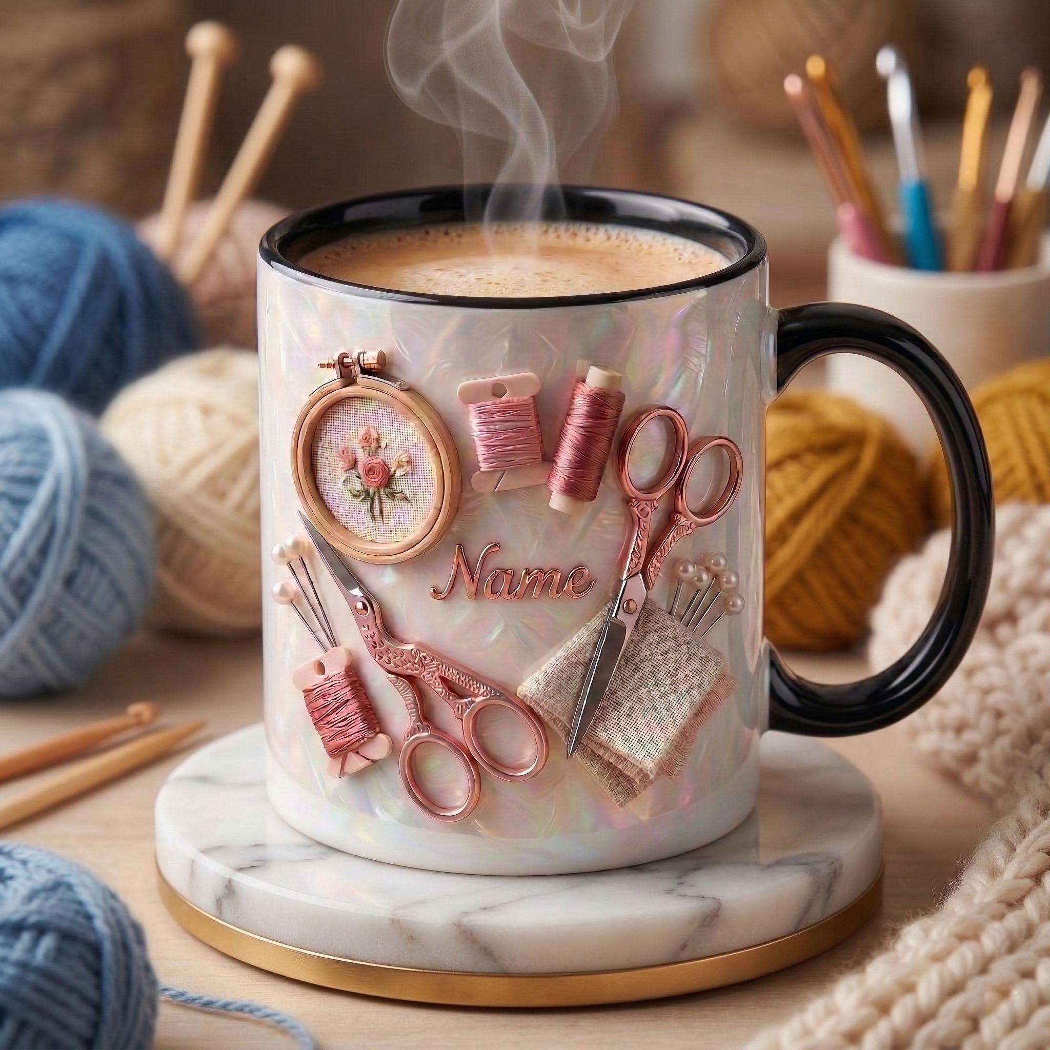 Knitting Mug 3D, Faux 3D Effect Mug, Handmade Craft Coffee Mug, Custom Name Knitting Lover Gift