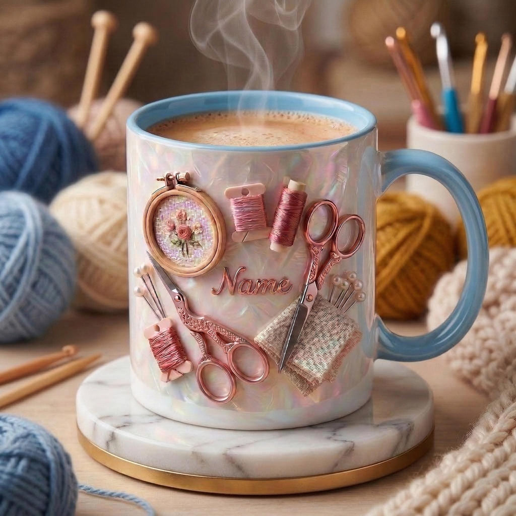 Knitting Mug 3D, Faux 3D Effect Mug, Handmade Craft Coffee Mug, Custom Name Knitting Lover Gift