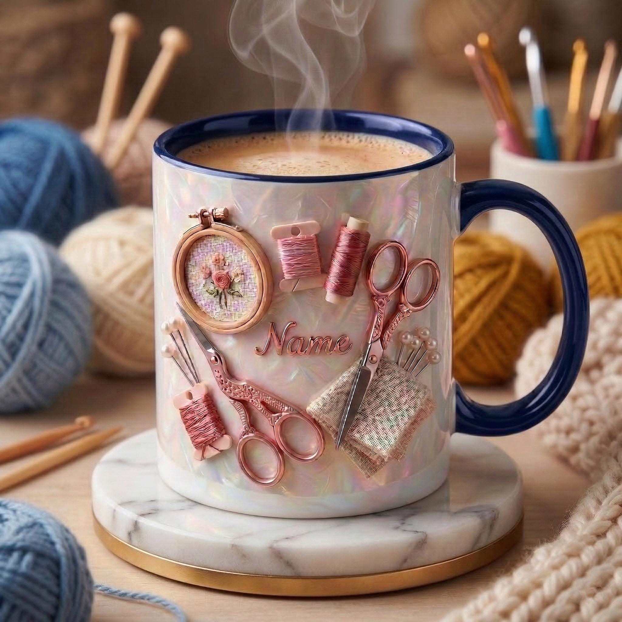 Knitting Mug 3D, Faux 3D Effect Mug, Handmade Craft Coffee Mug, Custom Name Knitting Lover Gift