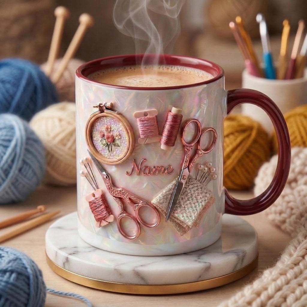 Knitting Mug 3D, Faux 3D Effect Mug, Handmade Craft Coffee Mug, Custom Name Knitting Lover Gift
