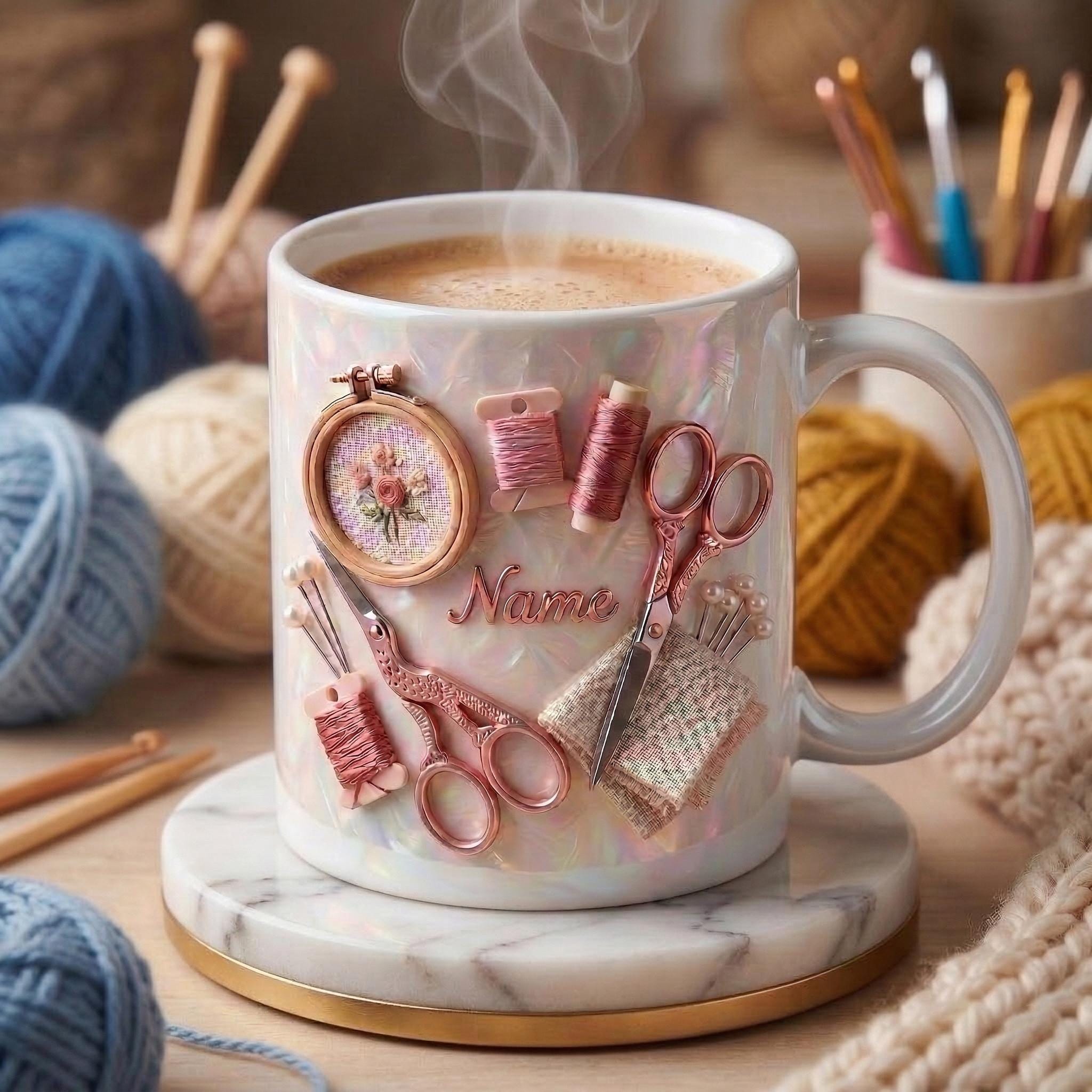 Knitting Mug 3D, Faux 3D Effect Mug, Handmade Craft Coffee Mug, Custom Name Knitting Lover Gift