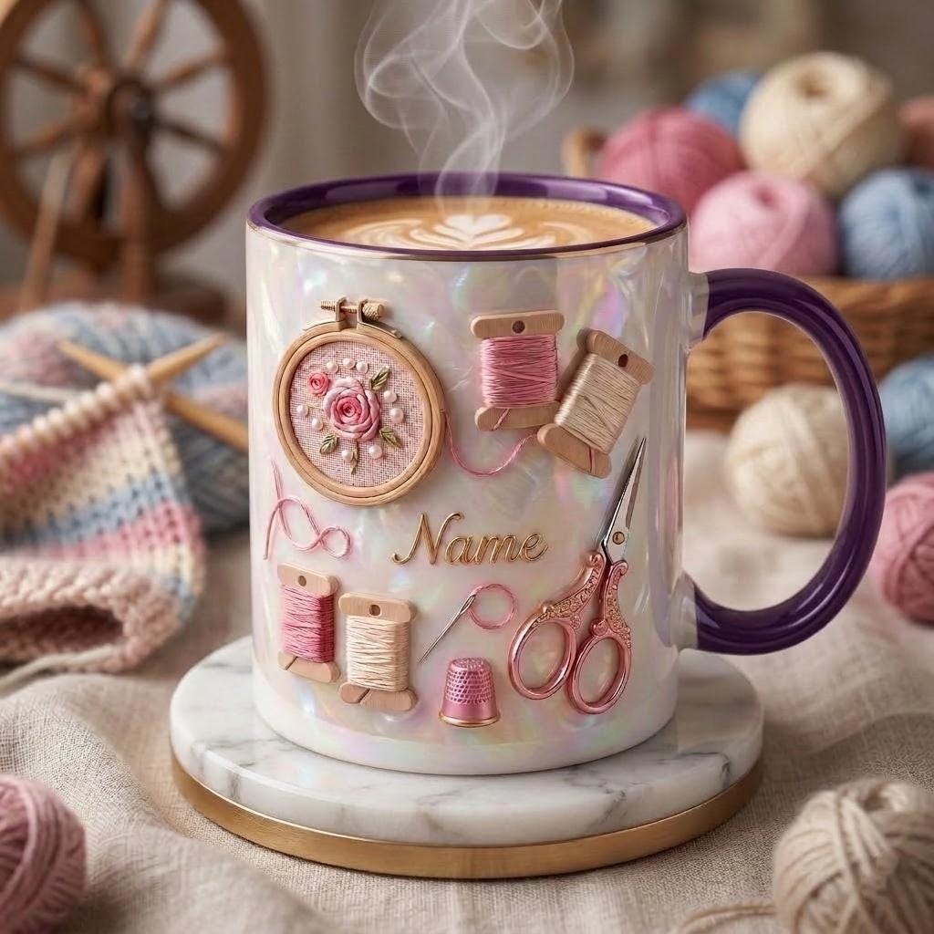 Knitting Mug 3D, Knitter Coffee Cup, Personalized Knitting Gift Idea, Faux 3D Effect Mug