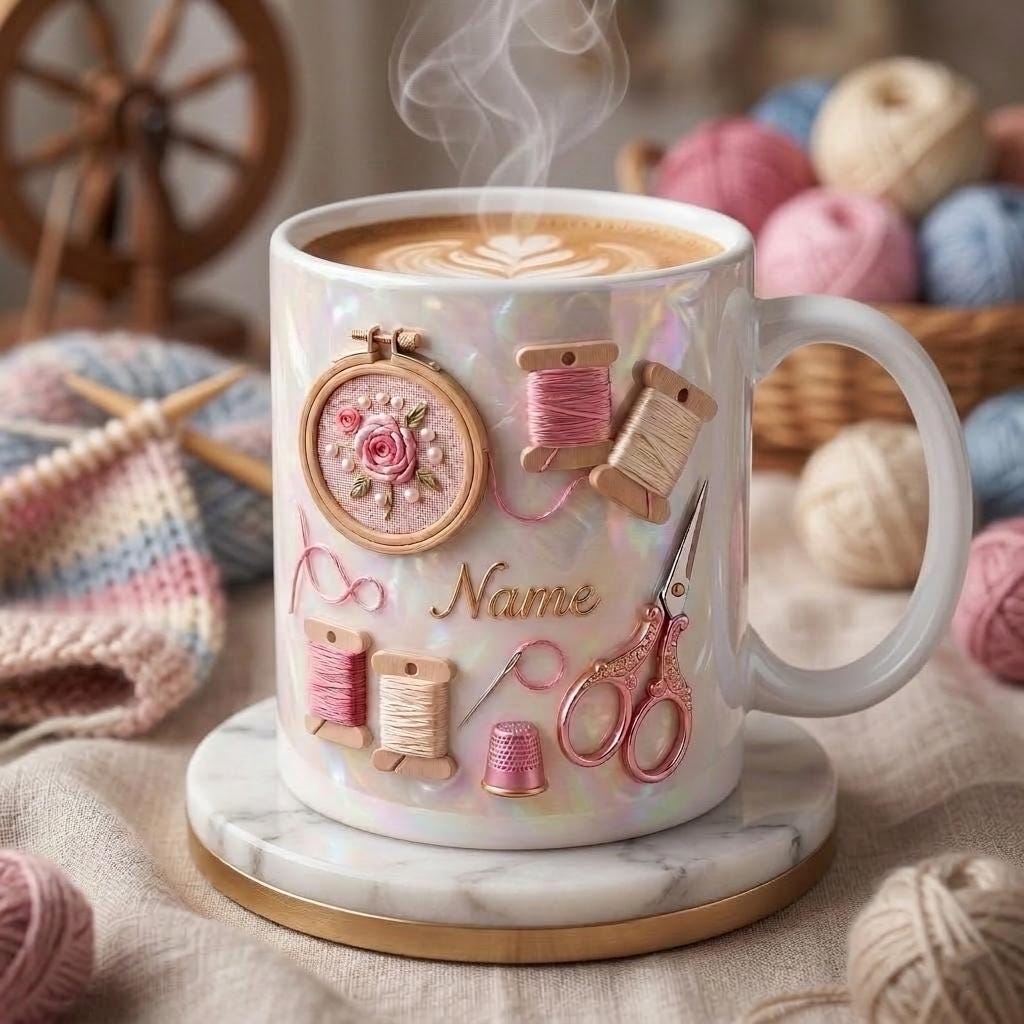Knitting Mug 3D, Knitter Coffee Cup, Personalized Knitting Gift Idea, Faux 3D Effect Mug