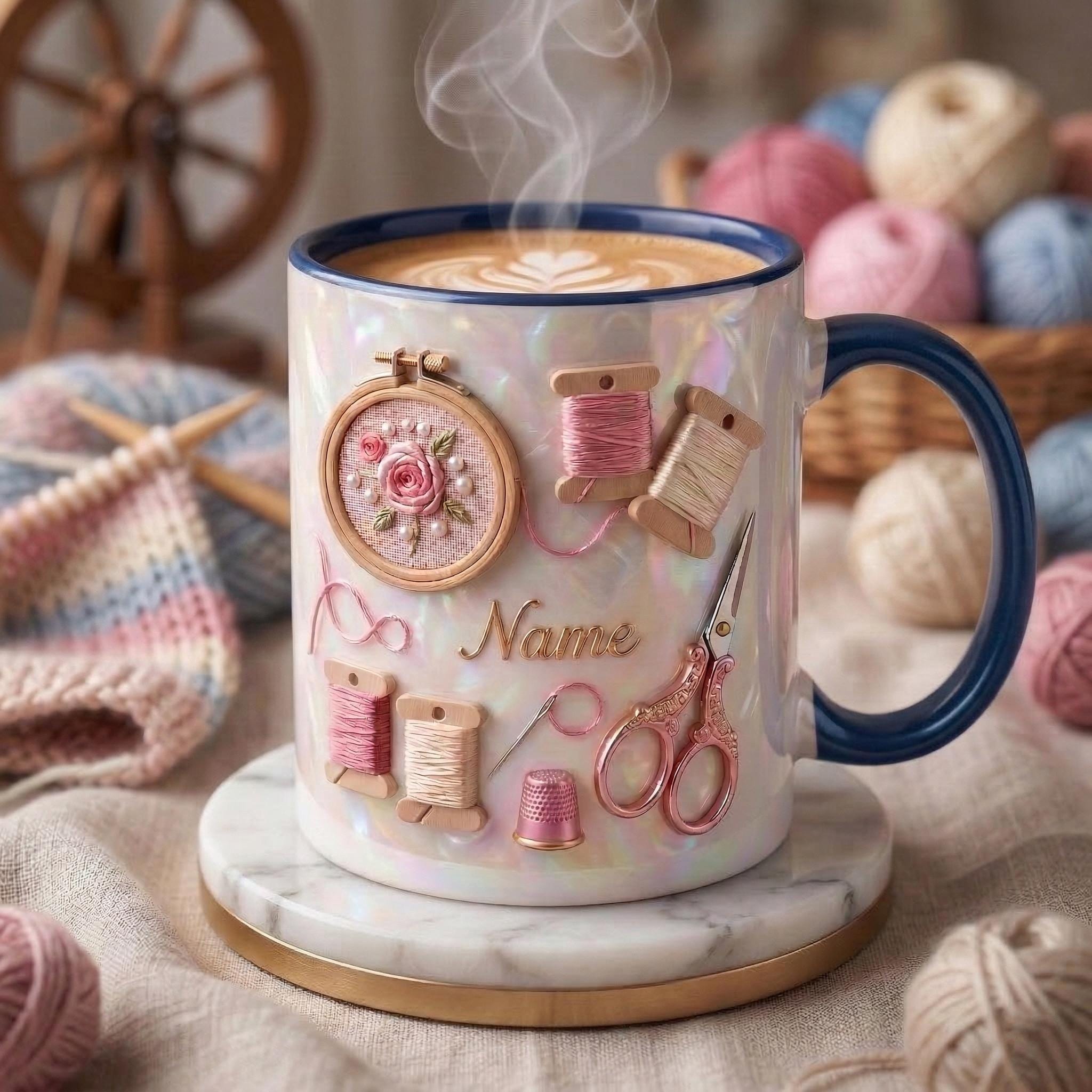 Knitting Mug 3D, Knitter Coffee Cup, Personalized Knitting Gift Idea, Faux 3D Effect Mug