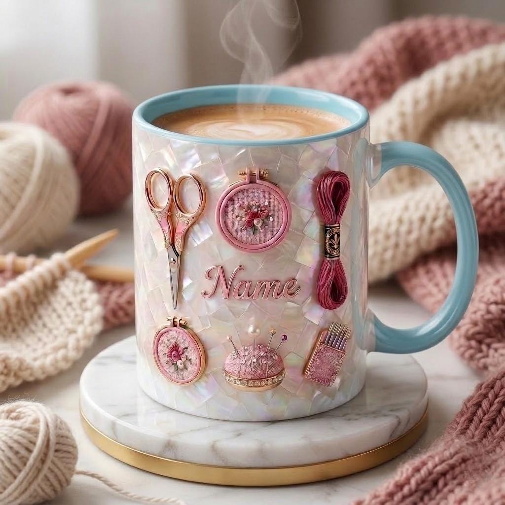 Knitting Mug 3D, Yarn Lover Coffee Cup, Faux 3D Effect Mug, Custom Name Knitter Gift