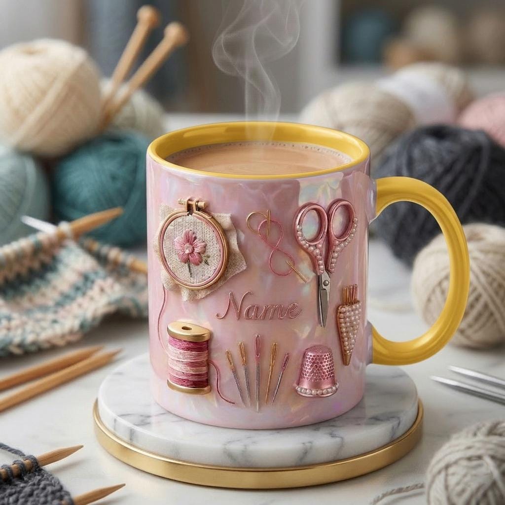Knitting Mug 3D, Knitting Lover Coffee Mug, Personalized Craft Gift, Faux 3D Effect Mug