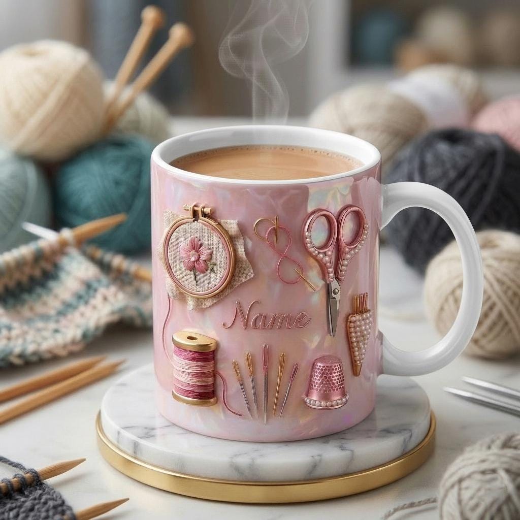 Knitting Mug 3D, Knitting Lover Coffee Mug, Personalized Craft Gift, Faux 3D Effect Mug