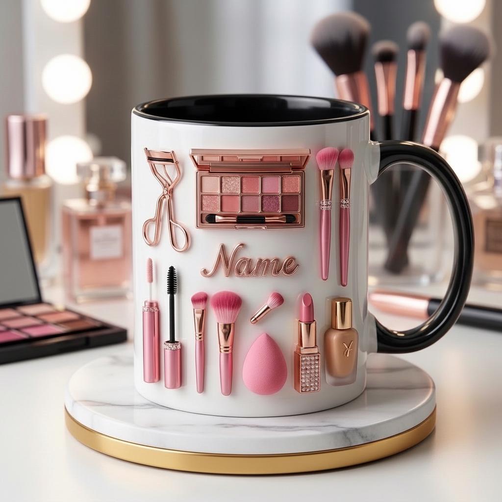 Make Up Mug 3D, Faux 3D Effect Mug, Custom Name Makeup Artist Mug, Beauty Lover Gift
