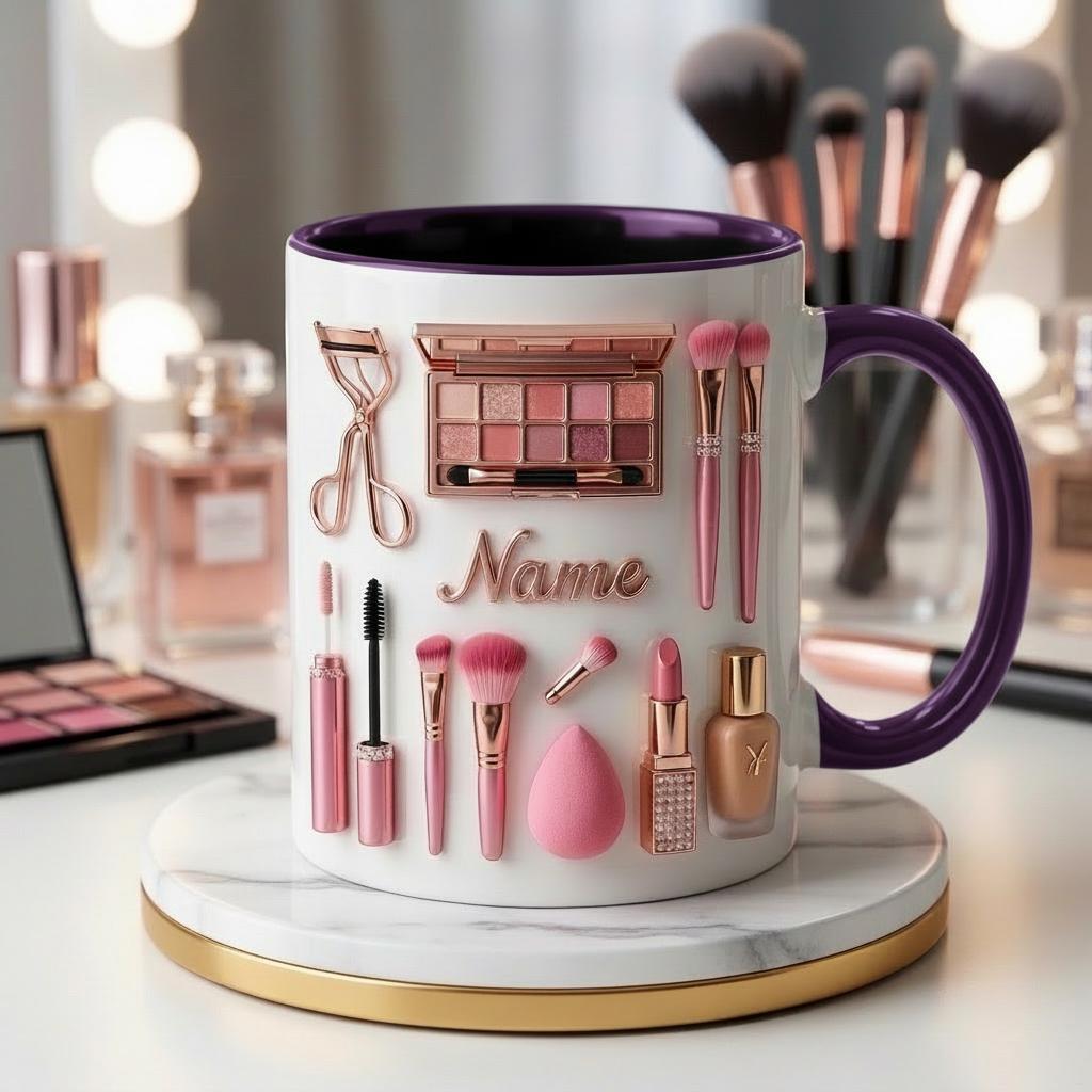 Make Up Mug 3D, Faux 3D Effect Mug, Custom Name Makeup Artist Mug, Beauty Lover Gift