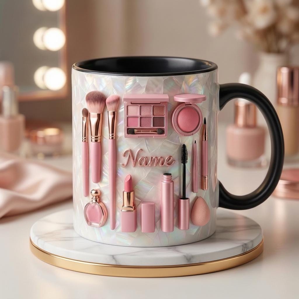 Make Up Mug 3D, Faux 3D Effect Mug, Custom Name Beauty Coffee Mug, Gift for Makeup Lover